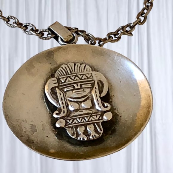 Sterling Silver 900 Mayan Diety Pendant with 1/20 Gold Filled Chain - Picture 7 of 14